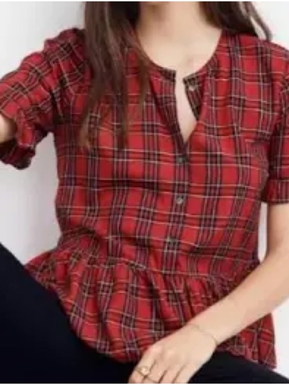 MADEWELL Red Plaid Peplum Button Front Blouse top Shirt Holiday Preppy S Classic